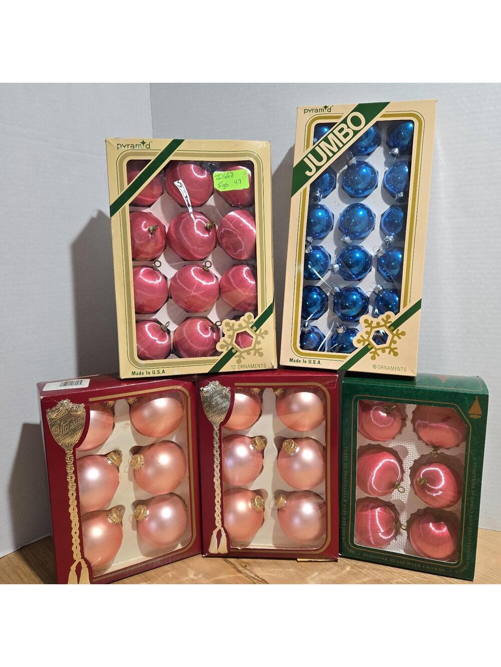 Lot of 48 Pyramid Victoria & Krebs Christmas Ornaments Glass & Satin Vintage